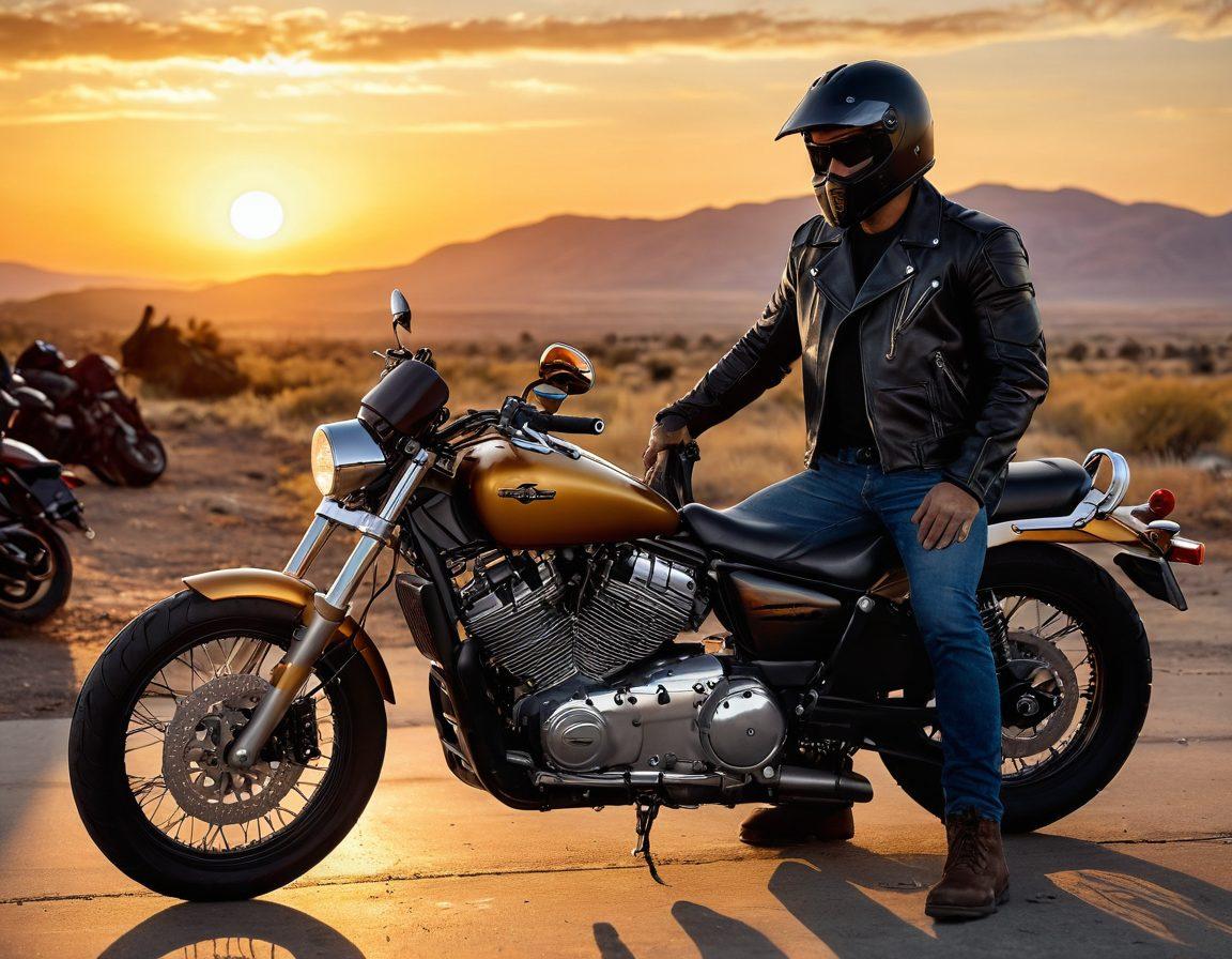 A dynamic scene of a motorcycle enthusiast gearing up for a ride, surrounded by leather jackets, helmets, and rugged boots. A vibrant sunset in the background casting golden hues, with a sleek motorcycle parked nearby ready for adventure. The atmosphere conveys freedom and excitement, showcasing essential biker equipment. Detailed textures on the gear and a sense of motion. super-realistic. vibrant colors.