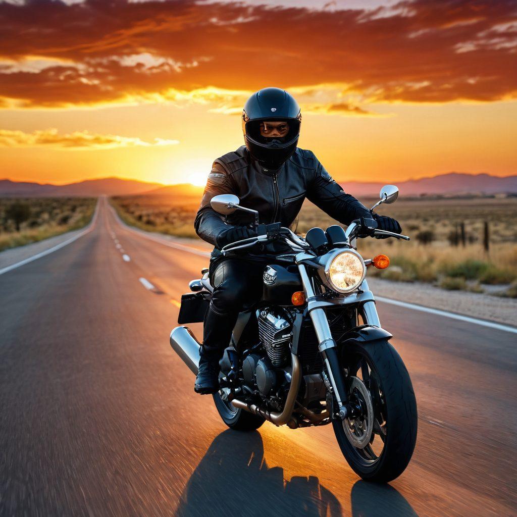 A dynamic scene featuring a confident biker dressed in stylish and protective apparel, riding a powerful motorcycle on an open road. The background showcases a stunning sunset, emphasizing the freedom of the ride. Details like a sleek helmet, durable gloves, and fashionable leather jacket should be highlighted. Include hints of safety gear subtly integrated into the outfit, enhancing the theme of style and security. super-realistic. vibrant colors. dramatic lighting.