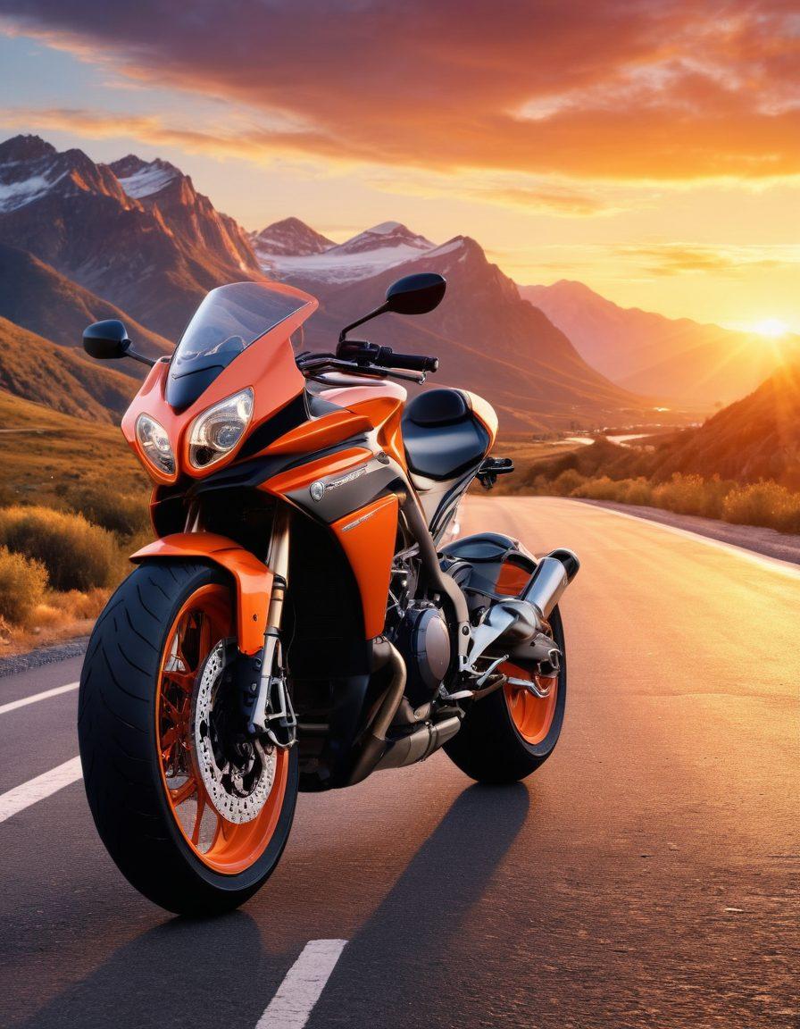 A sleek motorcycle parked on a winding road with scenic mountains in the background. Surrounding the bike are essential motorcycle gear items: a helmet, gloves, jacket, and boots artistically arranged. The sky is a vibrant sunset, casting warm hues on the scene. Include a checklist in a stylish font, overlaying the image. super-realistic. vibrant colors. 3D.